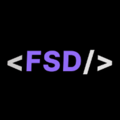 FSD logo, black square with purple text